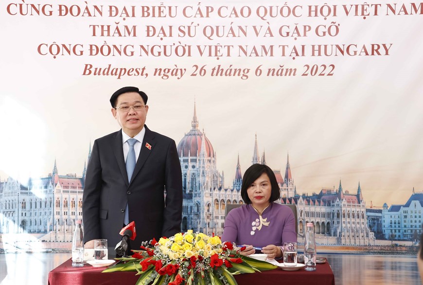 Chủ tịch Quốc hội Vương Đình Huệ phát biểu tại buổi gặp gỡ cộng đồng người Việt tại Hungary.